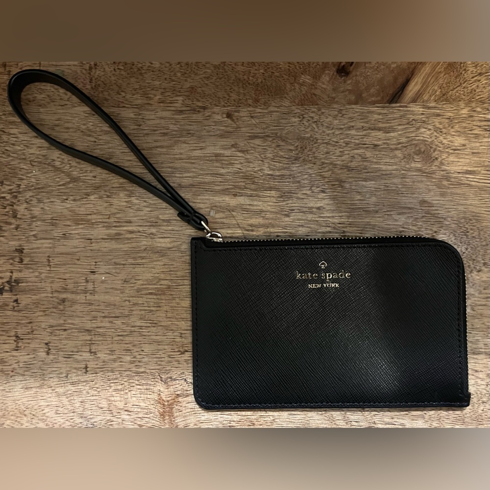 Kate Spade New York Black Zip Wristlet Card Case Wallet Solid Pebbled Leather - Picture 3 of 9
